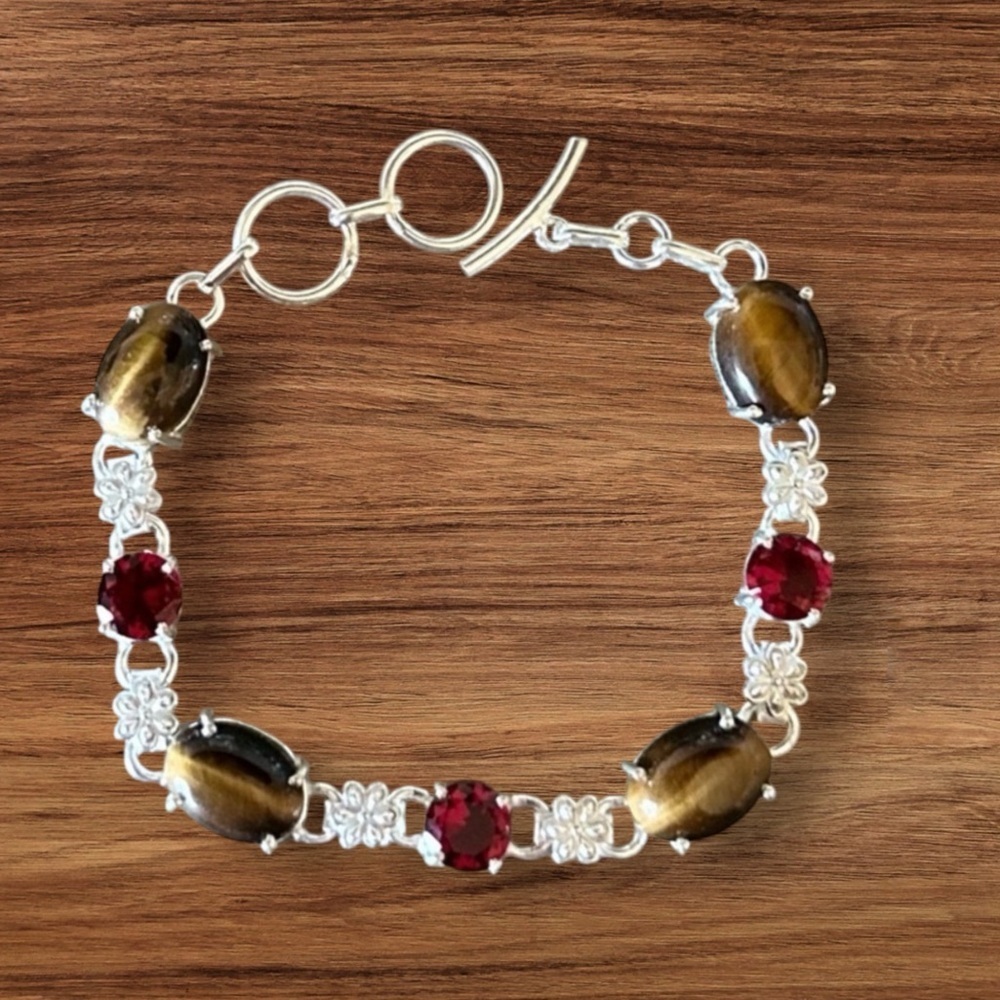 NWT Handmade Garnet & Tiger Eye Simulated Stone Silver Overlay Bracelet
